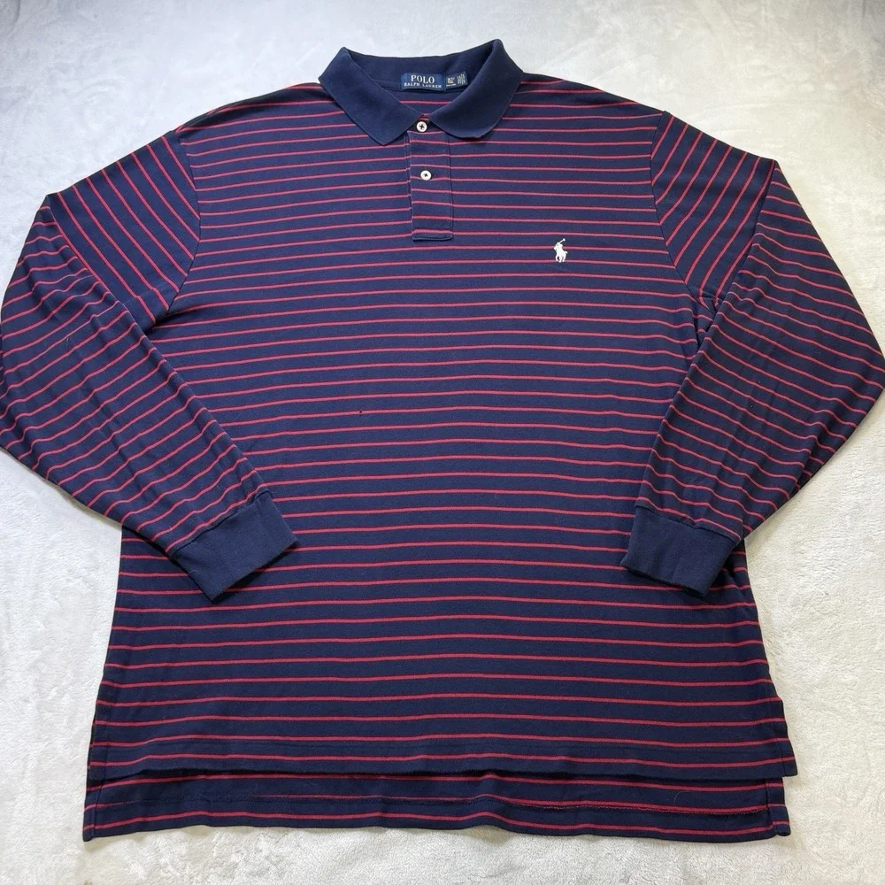 Polo Ralph Lauren Men's XLT Long Sleeve Striped Polo Shirt Navy Red Pony
